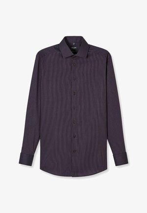Dunkellila Herren-Hemd mit langen Ärmeln, feinem Strukturmuster, durchgehender Knopfleiste und klassischem Kragen.