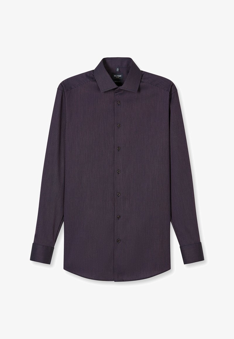 Dunkellila Herren-Hemd mit langen Ärmeln, feinem Strukturmuster, durchgehender Knopfleiste und klassischem Kragen.