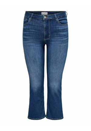 Blå denimcroppede flare-jeans med lommer foran og bagpå, knaplukning og diskret falmning på lår og knæ.