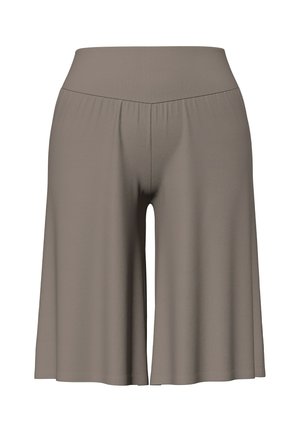 Taupe široké šortky ke kolenům s vysokým V-čkovým pasem, hladkou látkou a uvolněným střihem.