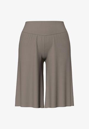 Taupe wijde knielange shorts met hoge V-vormige tailleband, gladde stof en losse pasvorm.