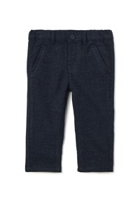 Dunkelblaue, strukturierte Hose mit feinem Karomuster. Mit Fronttaschen, Gürtelschlaufen und einem Knopfverschluss am Bund.