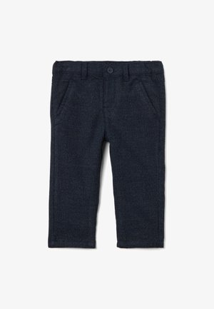 Dunkelblaue, strukturierte Hose mit feinem Karomuster. Mit Fronttaschen, Gürtelschlaufen und einem Knopfverschluss am Bund.