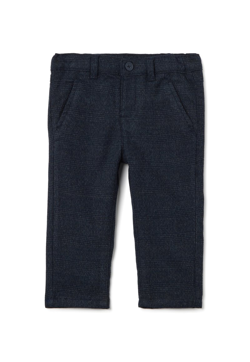 Dunkelblaue, strukturierte Hose mit feinem Karomuster. Mit Fronttaschen, Gürtelschlaufen und einem Knopfverschluss am Bund.