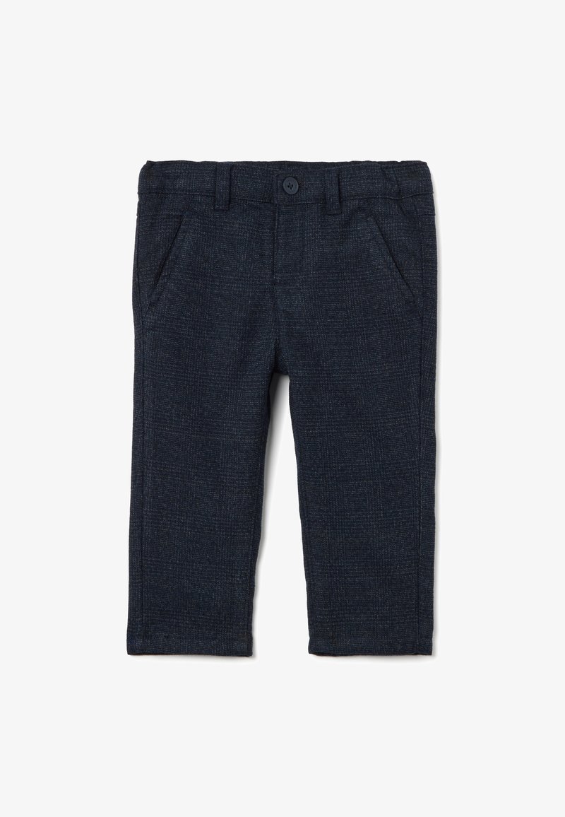 Dunkelblaue, strukturierte Hose mit feinem Karomuster. Mit Fronttaschen, Gürtelschlaufen und einem Knopfverschluss am Bund.