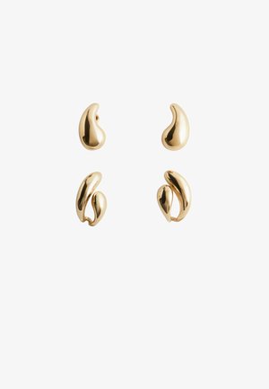 Gold-tone earrings with a smooth, shiny finish. Two pairs feature a curved, organic shape and fluid design elements.