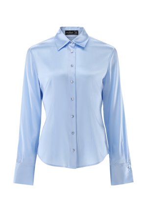Hellblaue langärmlige Bluse aus glänzendem Stoff, mit spitzem Kragen, vorderen Knöpfen und geknöpften Manschetten. Glatte Textur und taillierte Passform.