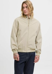 Veste légère beige avec fermeture éclair à l'avant, poignets élastiques et ourlet. Texture lisse, design minimaliste, dotée de poches latérales et d'un col montant.