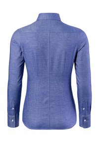 Camicia a maniche lunghe in tessuto blu melange. Presenta un colletto classico, polsini con bottone e un retro sagomato con cuciture verticali.