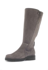 Tall gray suede boot with a rounded toe, low black rubber sole, and a side zipper. Features a decorative strap and buckle detail.
