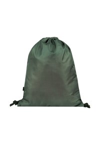 Sacca a coulisse verde realizzata in tessuto leggero, con un delicato motivo a griglia, chiusura regolabile e superficie morbida.