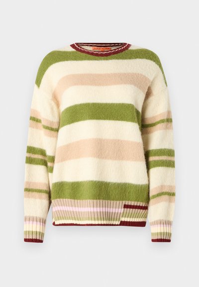 Pulover rașchitat dintr-un material moale. Are dungi orizontale verzi, bej și crem, cu manșete și tiv ribbate în culori contrastante.