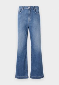 Vaaleansiniset farkut, joissa on leveä lahje, korkea vyötärö, viisi taskua ja hillitty haalistuminen. Ompeleet lahkeensuissa ja vakiopainikekiinnitys.