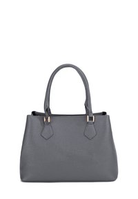 Borsa in pelle grigia con manici arrotondati, superficie texturizzata, forma angolare e dettagli in hardware dorato sui lati.