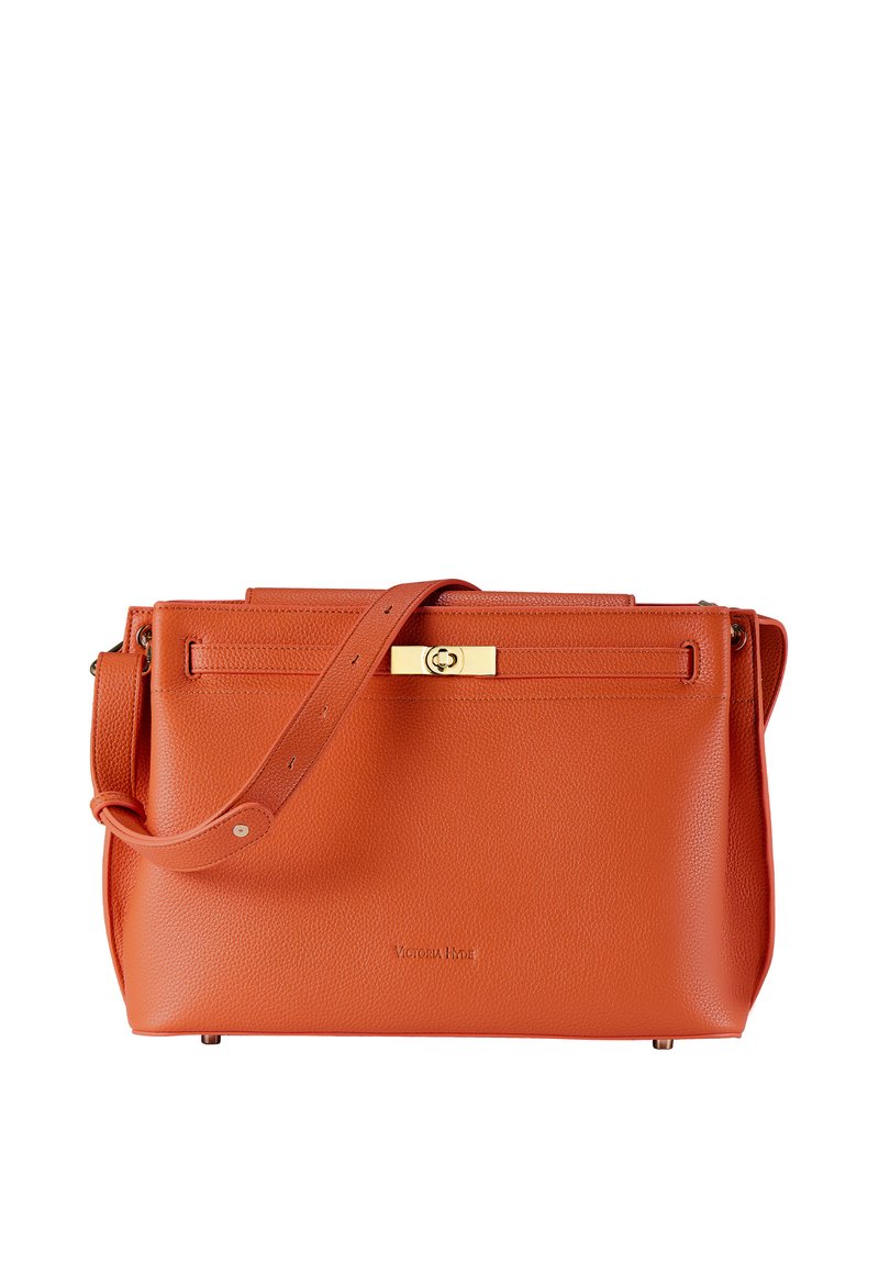 Orange strukturierte Lederhandtasche mit verstellbarem Schulterriemen und goldfarbenem Drehverschluss auf der Vorderseite.