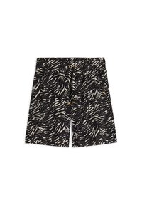 Pantalones cortos en blanco y negro con un diseño ondulado, cintura elástica con cordón y dos bolsillos laterales. Tela ligera.