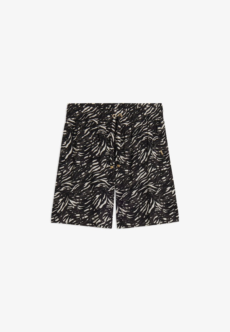 Pantalones cortos en blanco y negro con un diseño ondulado, cintura elástica con cordón y dos bolsillos laterales. Tela ligera.