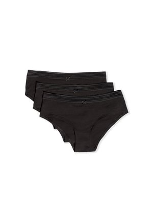 Schwarzes Baumwollslip-Set mit drei Stück, ausgestattet mit einem weichen, elastischen Bund mit strukturiertem Design und kleinen dekorativen Schleifen vorne.