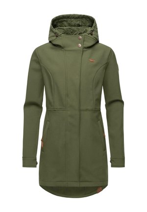 Veste longue à manches longues de couleur olive avec une capuche matelassée, fermeture éclair, deux poches latérales et un ourlet légèrement arrondi. Agrémentée de détails avec logo.