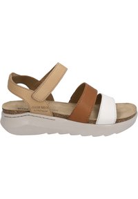 Brown and beige leather sandals with three wide straps, a cushioned footbed, and a light-colored rubber sole featuring a slight wedge.