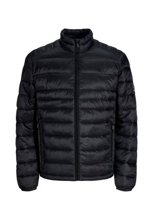 Doudoune matelassée noire avec col montant, fermeture éclair intégrale à l'avant, poches latérales zippées et poignets élastiques.