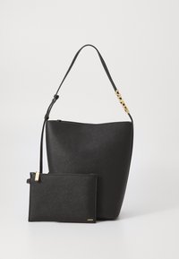 Black leather bucket bag with a textured finish. Features a detachable pouch with a zipper, gold hardware accents, and an adjustable strap.