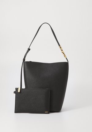 Black leather bucket bag with a textured finish. Features a detachable pouch with a zipper, gold hardware accents, and an adjustable strap.