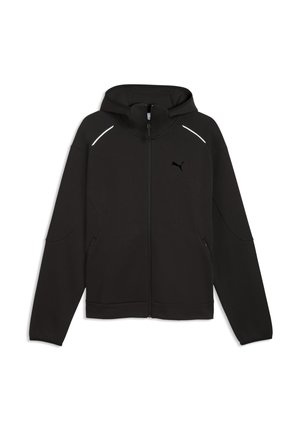 Sudadera negra con cremallera, capucha, mangas largas, bolsillos laterales y pequeño logo de Puma en el pecho, extendida sobre un fondo blanco.