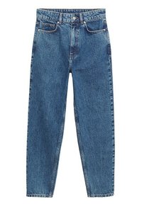 Jean en denim bleu taille haute avec fermeture à bouton et zip, deux poches avant, coupe droite décontractée.
