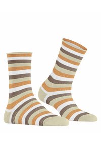 Gebreide sokken met horizontale strepen in oranje, beige, wit en bruin. Getextureerde stof met een geribbelde boord en een verstevigde hak.