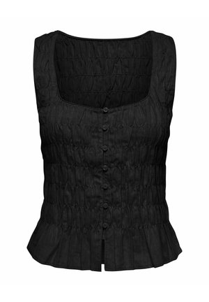 Haut noir sans manches avec boutons, texture de tissu plissé et ourlet légèrement évasé, présentant un décolleté carré.