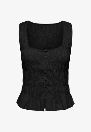 Haut noir sans manches avec boutons, texture de tissu plissé et ourlet légèrement évasé, présentant un décolleté carré.