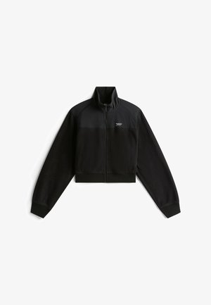 Abgeschnittene schwarze Jacke mit hohem Kragen, Reißverschluss vorne und kontrastierenden Texturpanelen. Verfügt über gerippte Bündchen und ein kleines Logo auf der Brust.