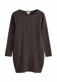 Robe simple à manches longues, de couleur marron foncé, longueur jusqu'aux genoux, avec un col rond, présentée sur un fond blanc.