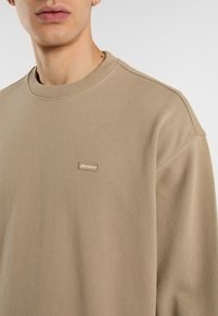Beige sweatshirt gemaakt van zachte stof. Heeft een geribbelde ronde hals en een klein, geborduurd logo-label op de borst. Ontspannen pasvorm en minimalistisch ontwerp.