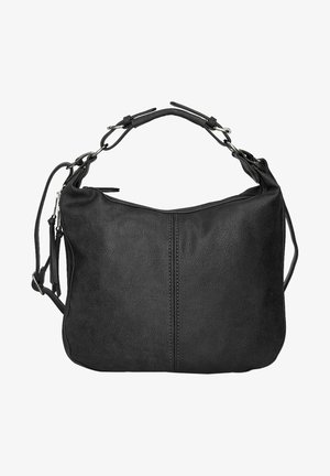 Zwarte leren handtas met een gladde textuur, voorzien van een bovenhandvat en een verstelbare schouderriem. Eenvoudig ontwerp met een naaddetail in het midden.