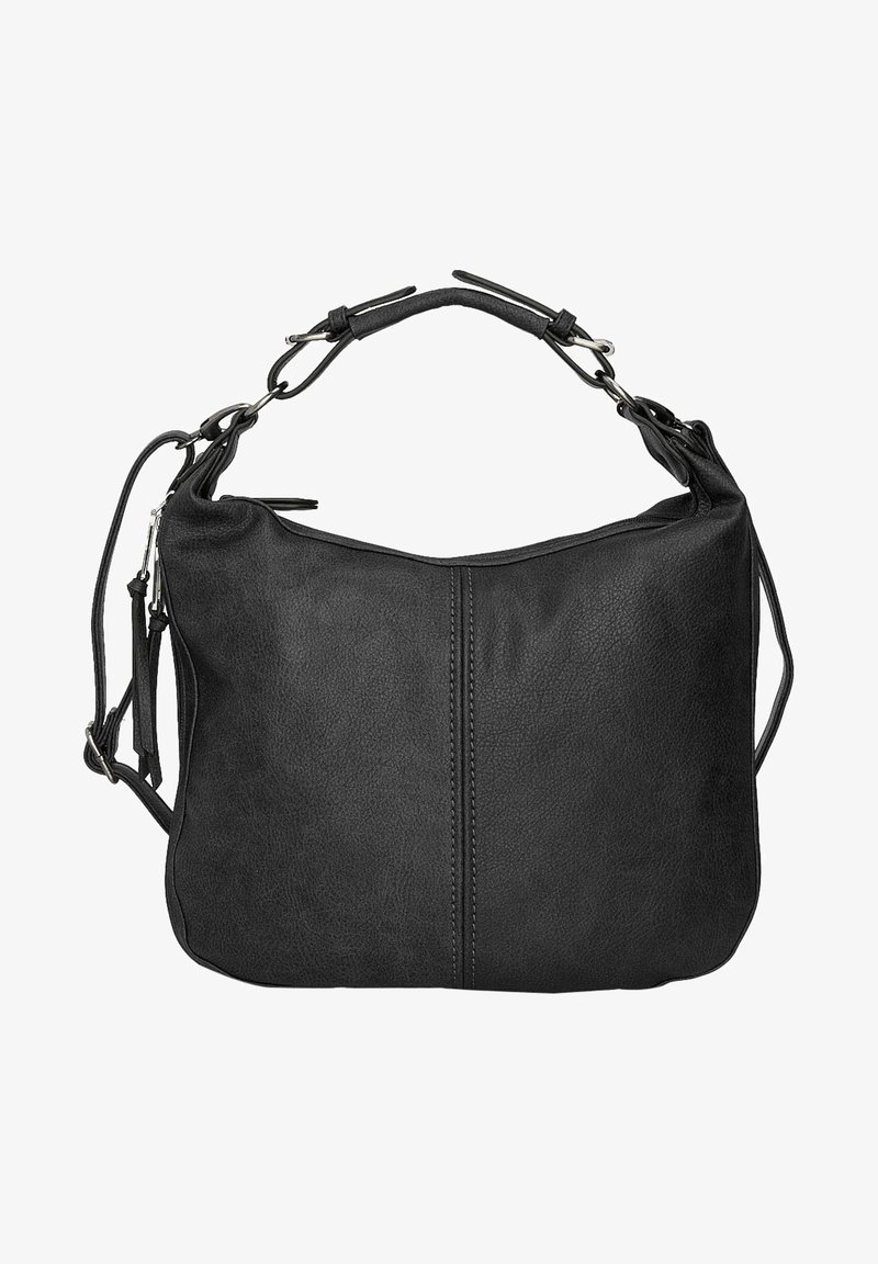 Zwarte leren handtas met een gladde textuur, voorzien van een bovenhandvat en een verstelbare schouderriem. Eenvoudig ontwerp met een naaddetail in het midden.