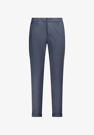 Navy blue slim-fit men's trousers with belt loops, front pockets, and cuffed hems on a white background.