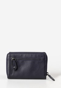 Portafoglio in pelle blu navy con scomparto principale con zip, tasca frontale con zip e una superficie liscia con dettagli in metallo argentato.