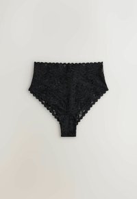 Black lace high-waisted women's underwear with floral pattern and scalloped edges laid flat on a light background.