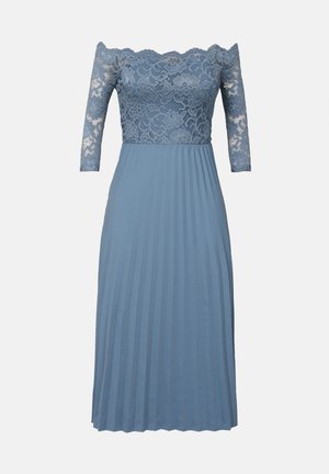 Off-the-shoulder dress with blue lace bodice and three-quarter length sleeves, leading to a pleated skirt in a solid blue fabric.