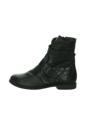 Schwarze Knöchelstiefel aus strukturiertem Leder, mit zwei dekorativen Schnallen, runder Zehenform und niedrigem Absatz.