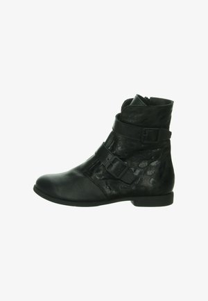 Schwarze Knöchelstiefel aus strukturiertem Leder, mit zwei dekorativen Schnallen, runder Zehenform und niedrigem Absatz.