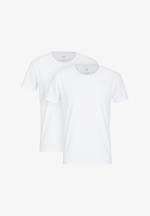 Zwei schlichte weiße T-Shirts mit kurzen Ärmeln und Rundhalsausschnitt, hergestellt aus weichem Stoff. Verfügen über ein kleines Logo im Nackenbereich.
