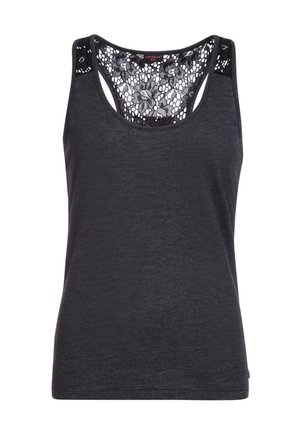Ciemnoszary bezrękawnik z kwiatowym koronkowym wycięciem na plecach typu racerback i okrągłym dekoltem.