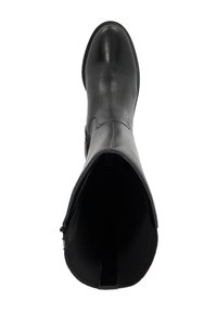 Black leather knee-high boot with a smooth finish and rounded toe. Features a side zipper and subtle stitching detail along the shaft.