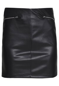 Gonna mini in pelle nera con due tasche con zip sulla parte anteriore e una texture liscia, dal design aderente e orlo pulito.