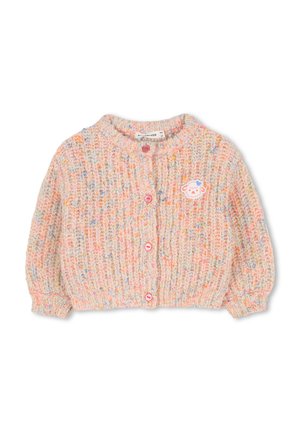 Cardigan tricoté dans des couleurs pastel avec une texture confortable, un col rond et trois boutons roses. Présente un motif de mouton sur la poitrine gauche.