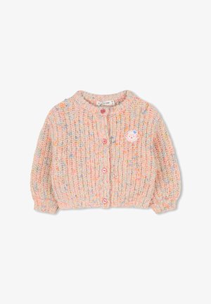 Knitted cardigan in pastel colors with a cozy texture, round neckline, and three pink buttons. Features a sheep design on the left chest.