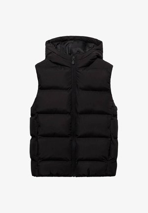 Gilet puffer nero con cappuccio, dotato di zip frontale, design trapuntato e texture liscia. Senza maniche, offre isolamento e calore.